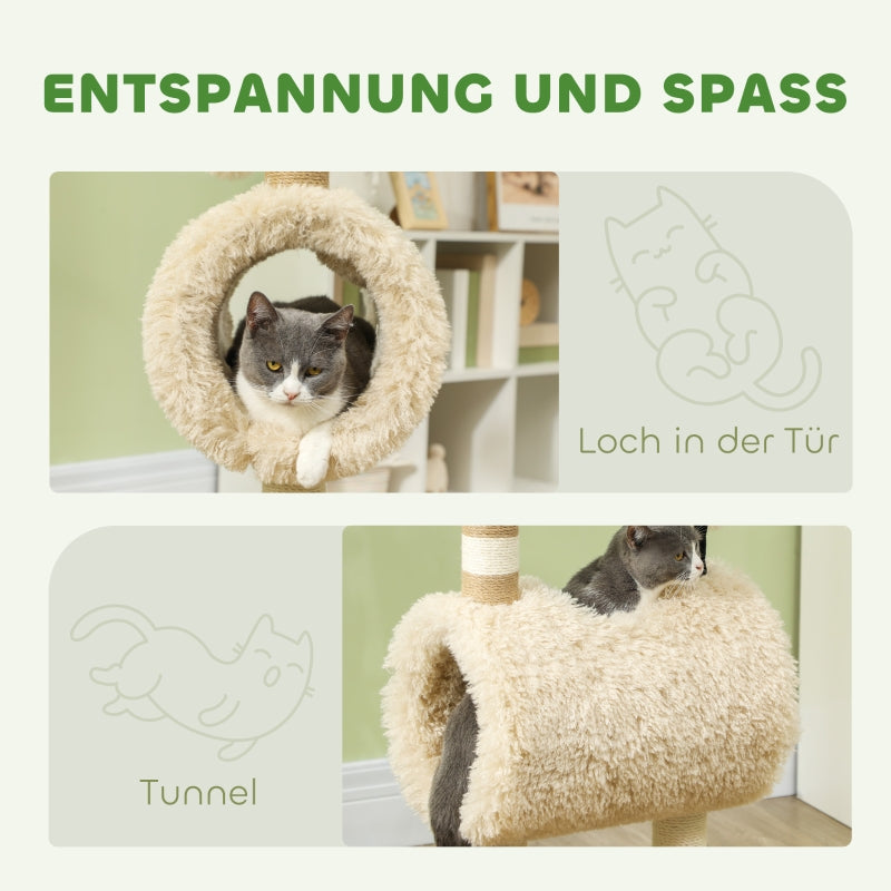 Cat Tree, Scratching Post Tunnel & Toys 98cm, Sheep Design Light Brown