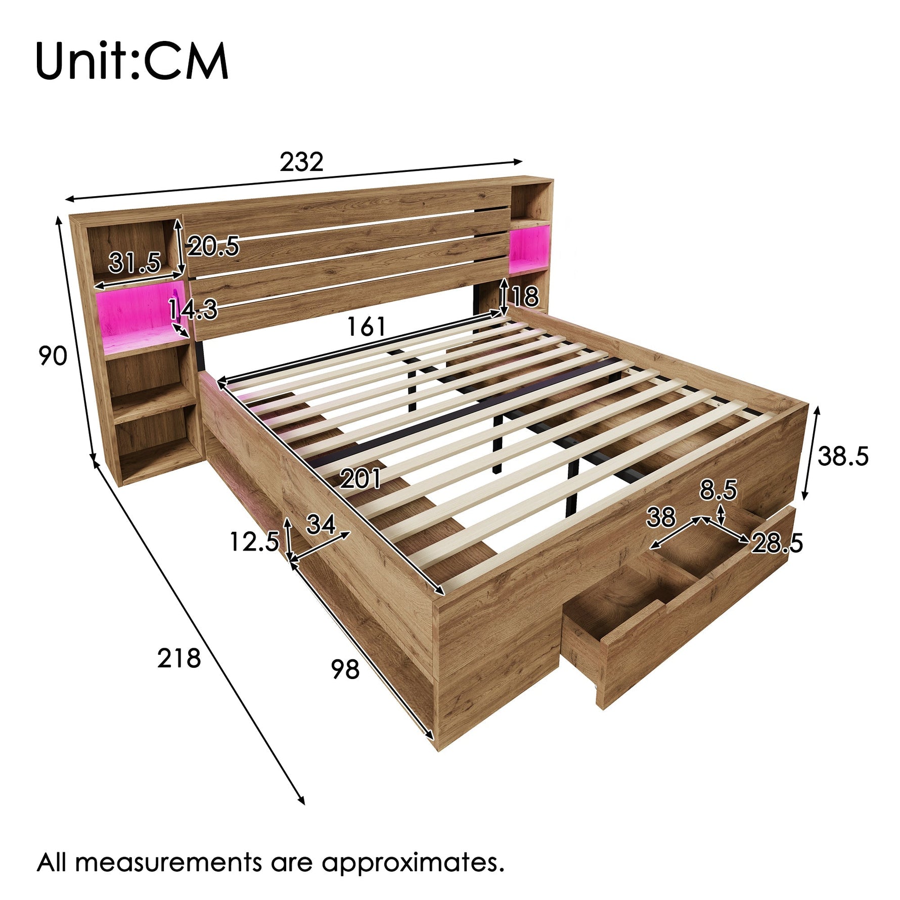 Double Bed 160x200 Storage LED USB-C Headboard Drawers Solid Wood Oak