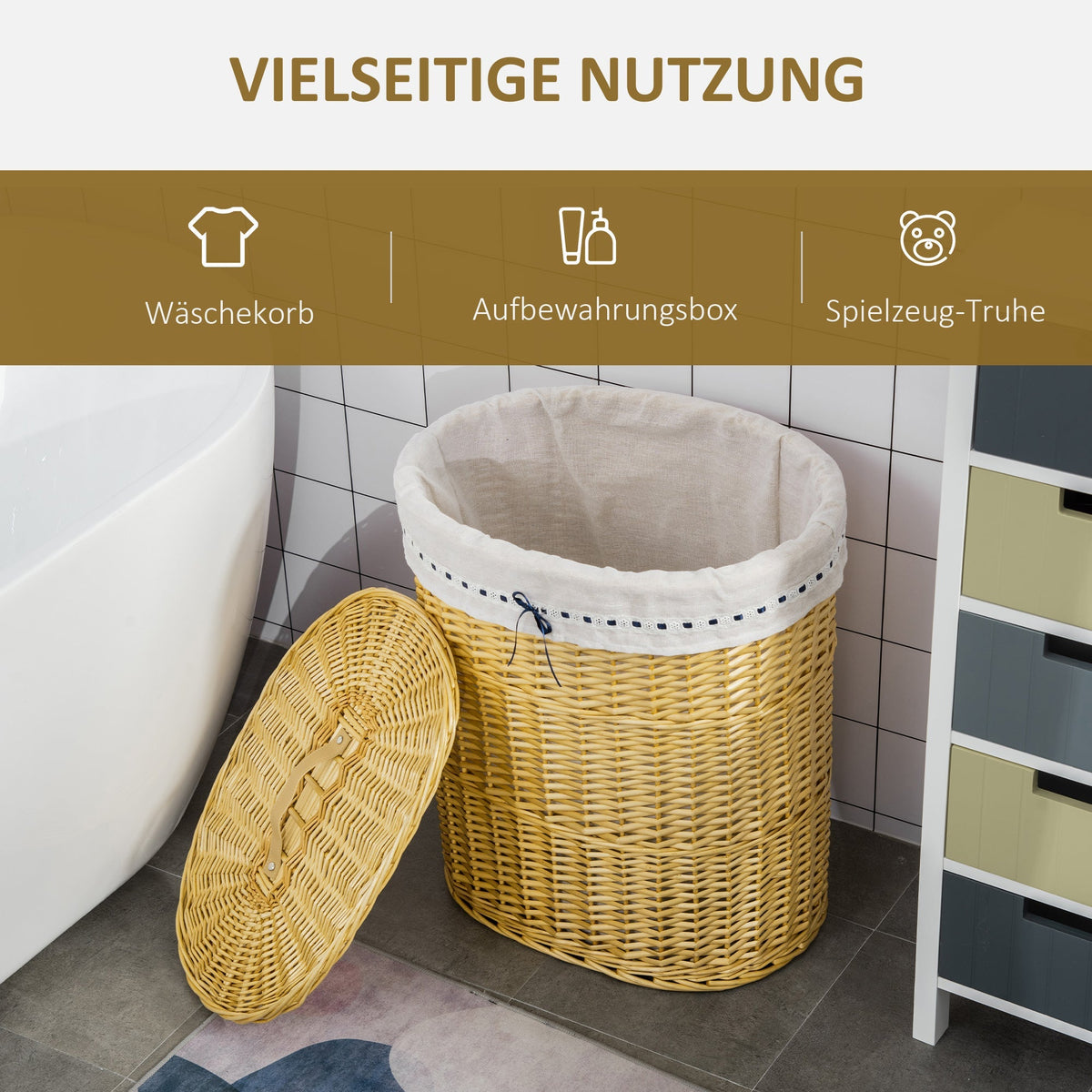 Laundry Basket 100L, with Lid, Wicker, Natural