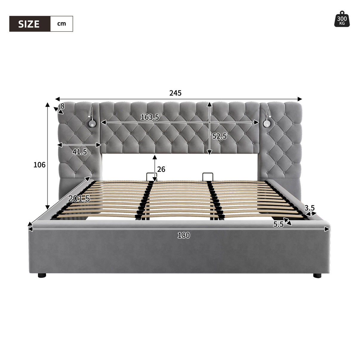 Upholstered Hydraulic Storage Bed 180x200 LED, Grey Velvet