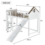 Loft Bed, Roof & Window, 3-Step Ladder, Slide, Pine+MDF, White+Walnut