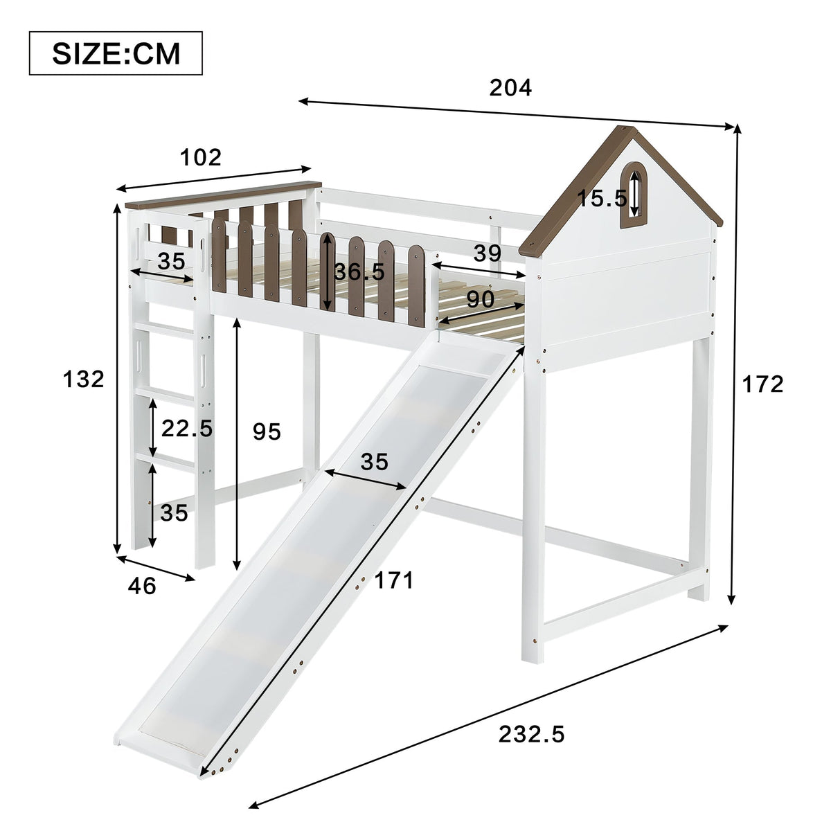 Loft Bed, Roof & Window, 3-Step Ladder, Slide, Pine+MDF, White+Walnut