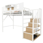 Metal Loft Bed 90x200cm with Storage Ladder & Light Strip, White