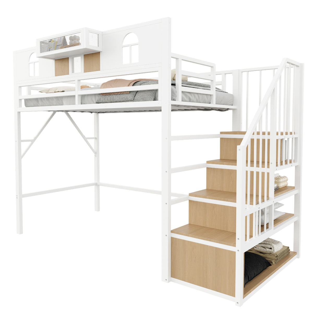 Metal Loft Bed 90x200cm with Storage Ladder & Light Strip, White