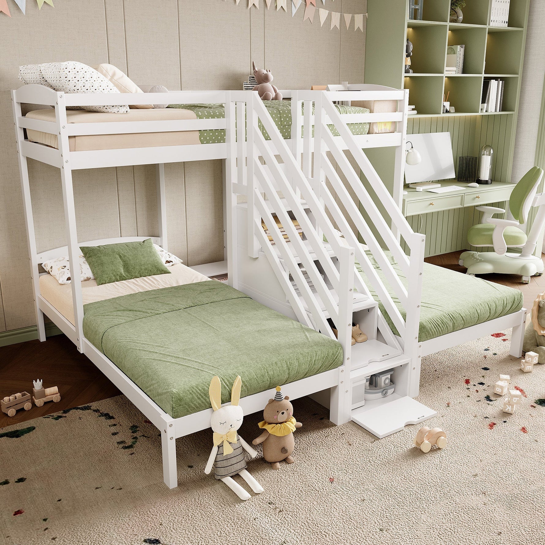 Bunk Bed with 3 Beds and Storage Ladder, White Pine Wood
