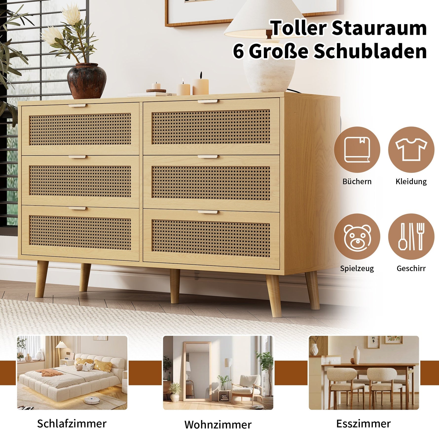 Chest of drawers with 6 drawers, metal handles, wood
