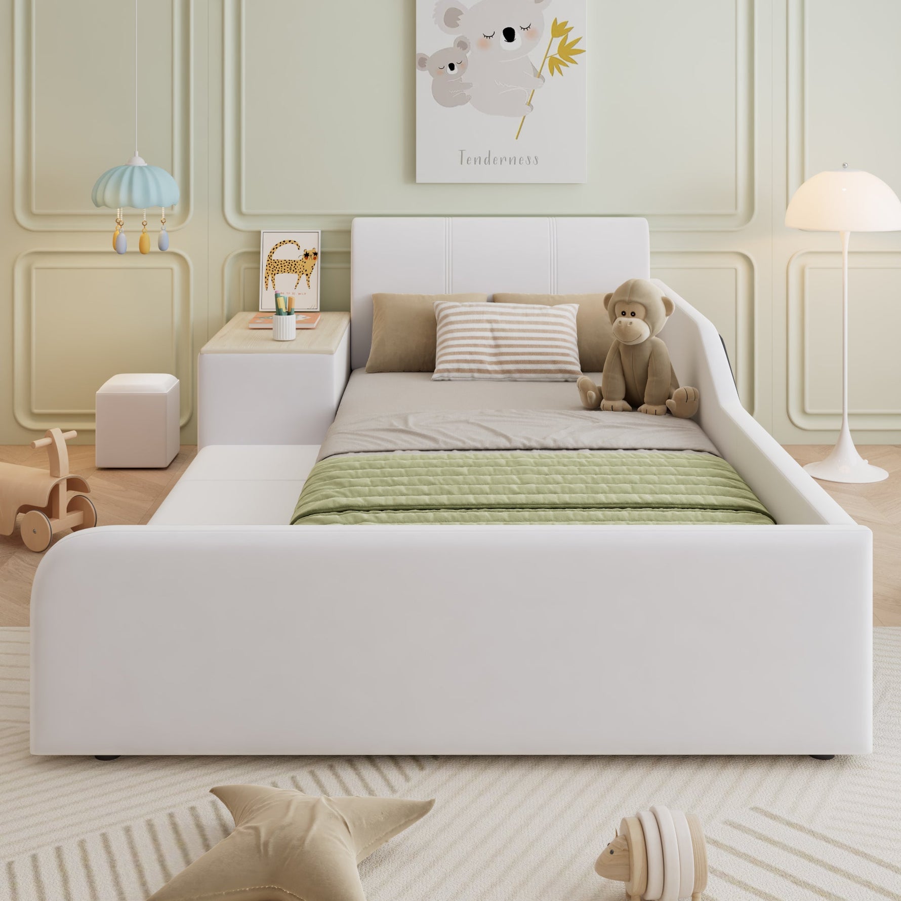 Upholstered Single Bed with Desk, Stool and Storage, 90x200cm, White Velvet