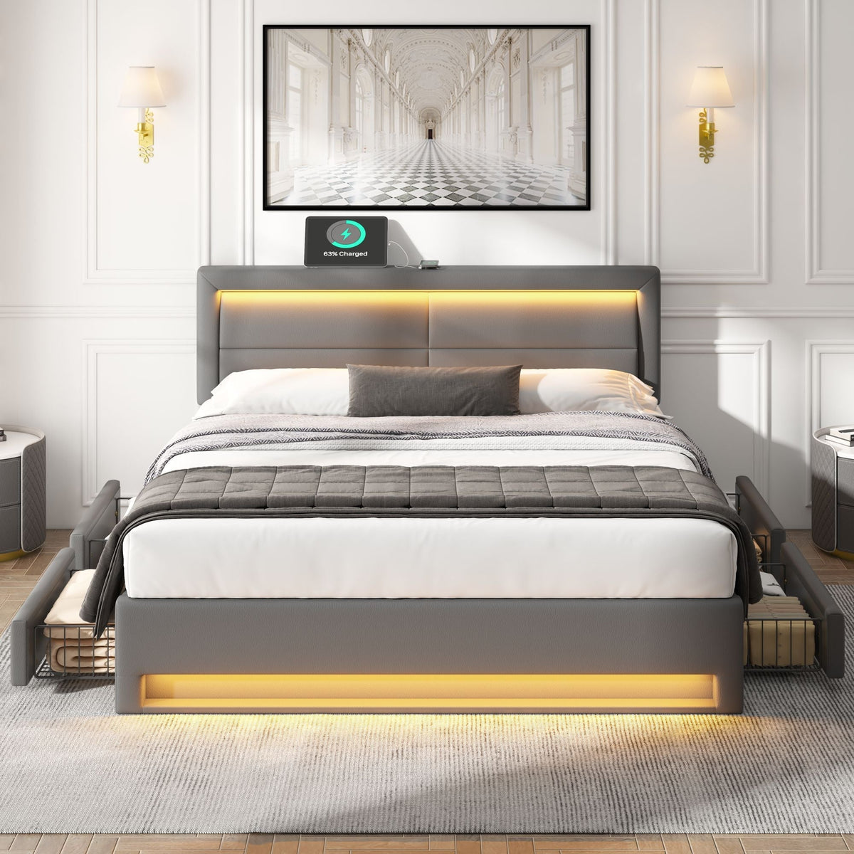 Upholstered Bed 140x200cm USB LED Light 4 Drawers - Grey