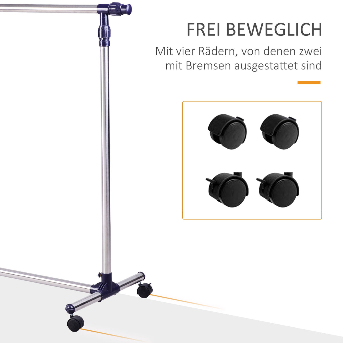 Coat Rack with Wheels, Height-Adjustable, Extendable Clothes Rail, Stainless Steel