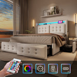 Upholstered Bed 140x200, LED Headboard with USB-C, 4-Drawer Storage, Beige Cotton