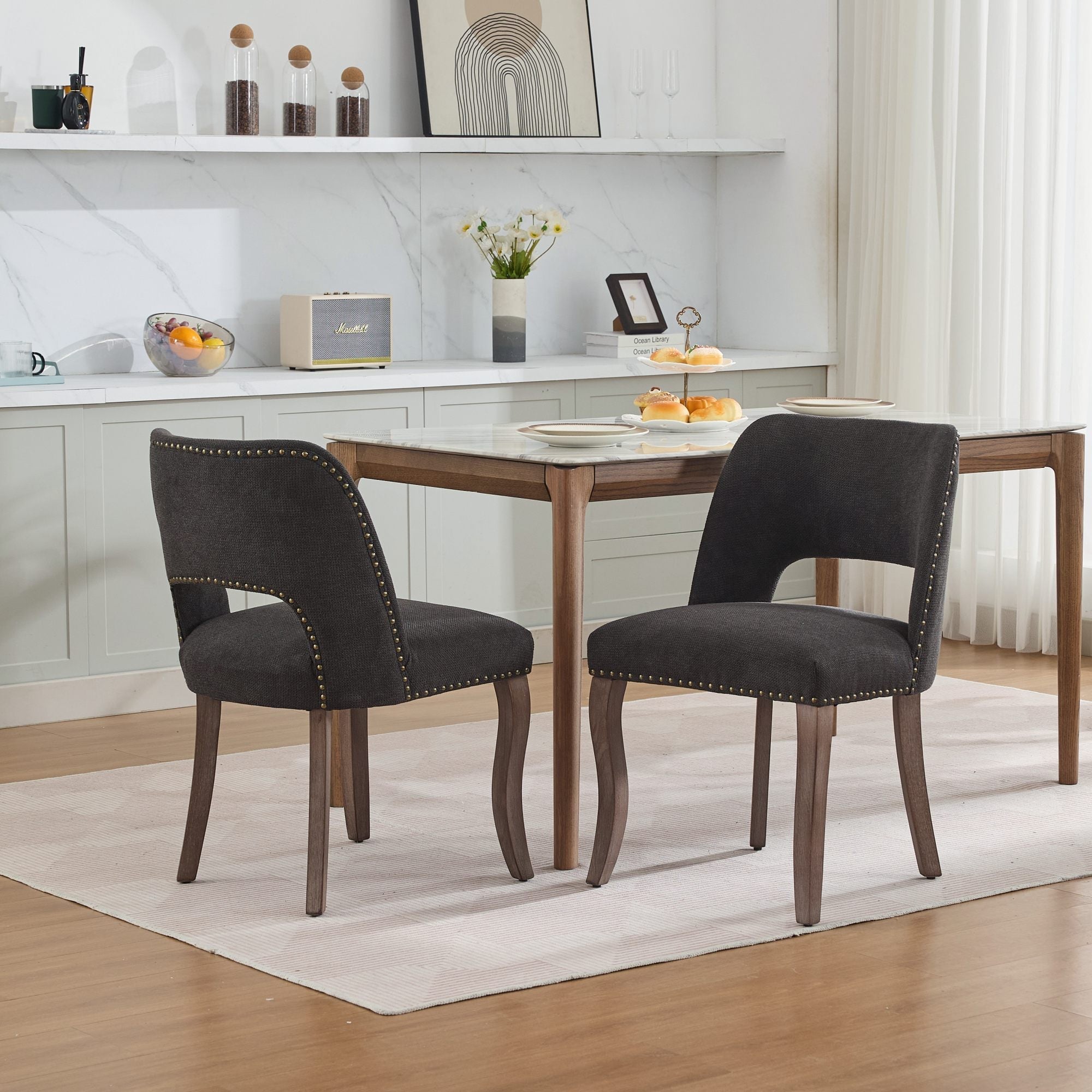 Wooden Dining Chairs Set of 2, Modern Fabric Upholstered Farmhouse Dinner Chair, Black
