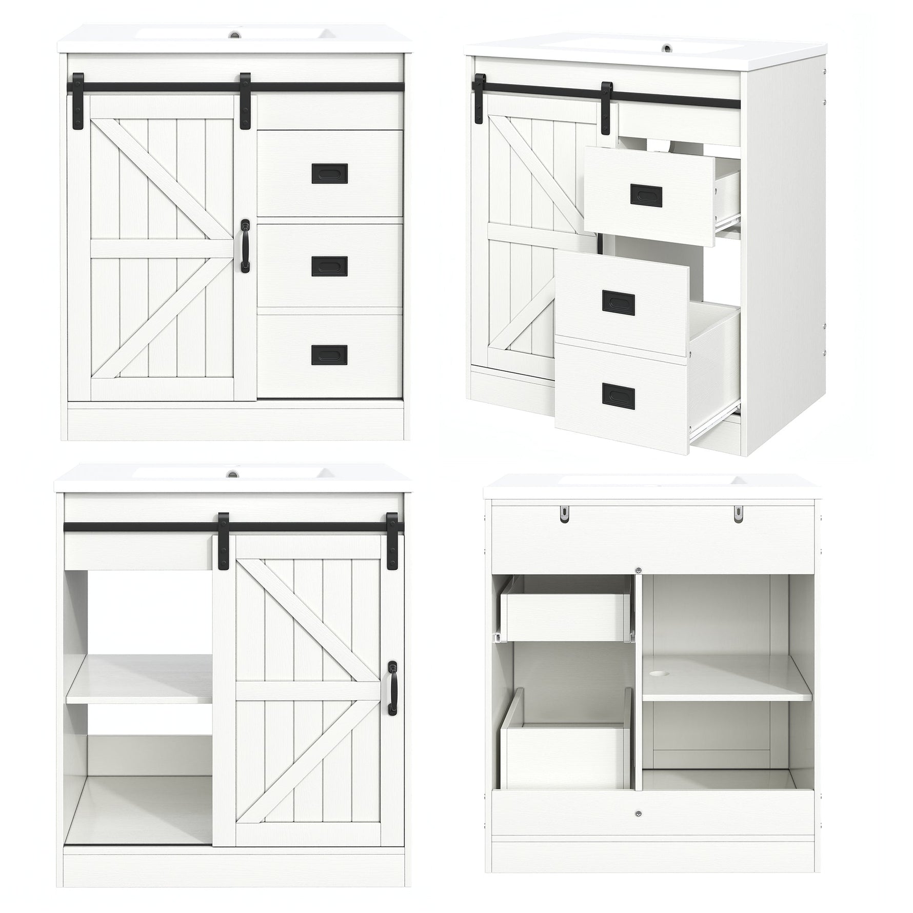 Bathroom Vanity Unit with Ceramic Sink and Barn Door Storage, White