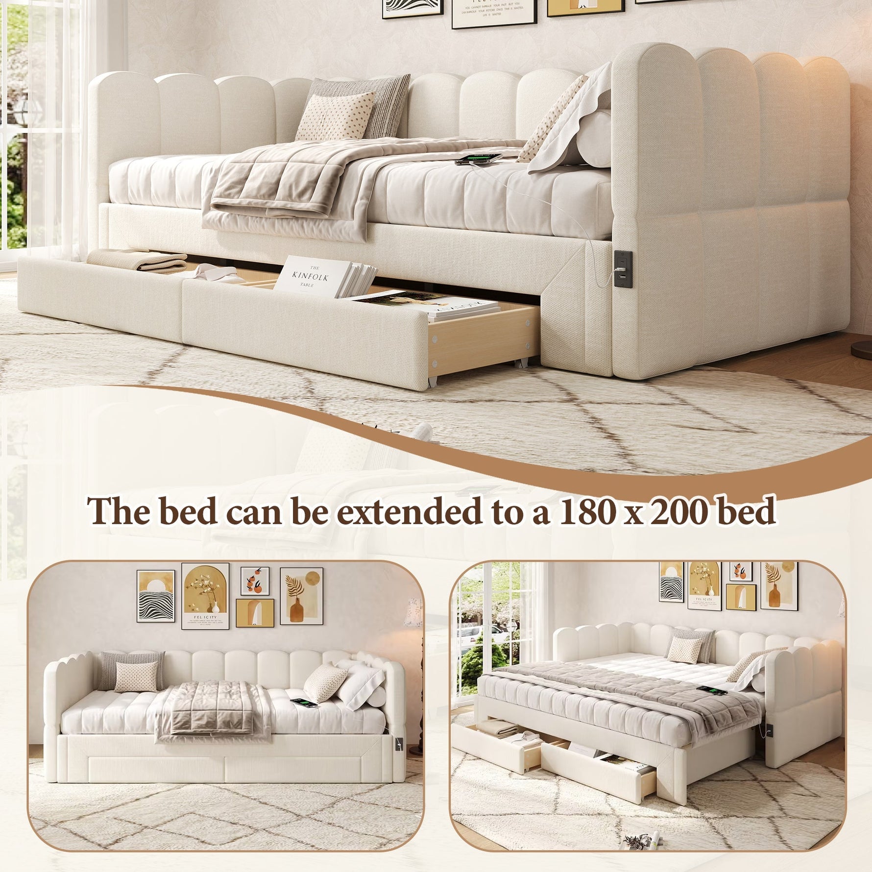 Upholstered Daybed Sofa Bed Extendable 90x200cm Storage Drawers USB Port Beige Linen
