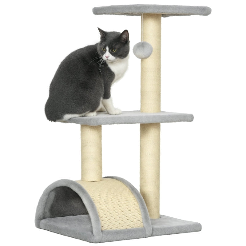 Cat Tree 72cm with Plush Balls, Sisal Posts, Platform, Scratching Board, Light Grey