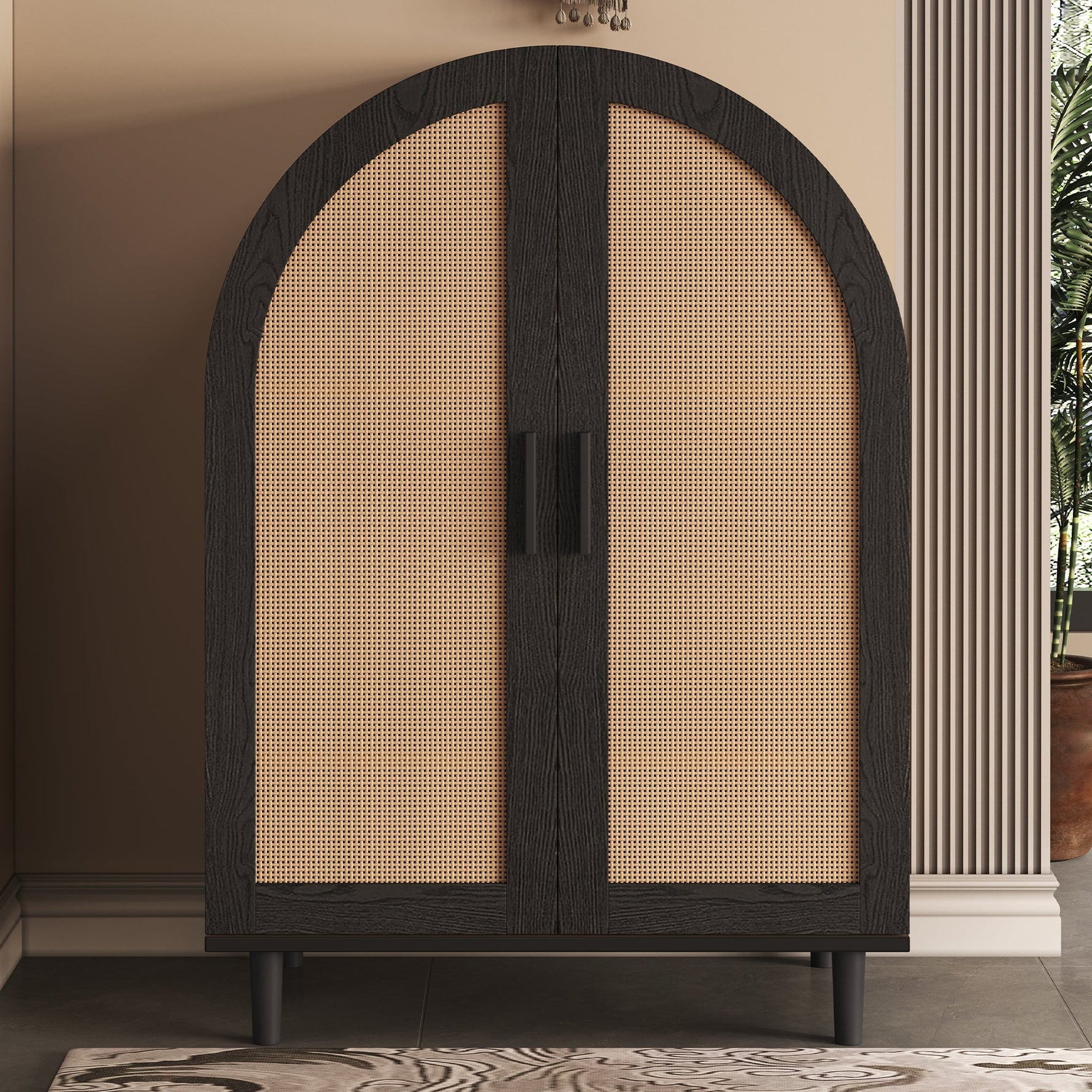 Elegant Sideboard/Shoe Cabinet, Rounded Exterior, Rattan Doors, 3 Shelves