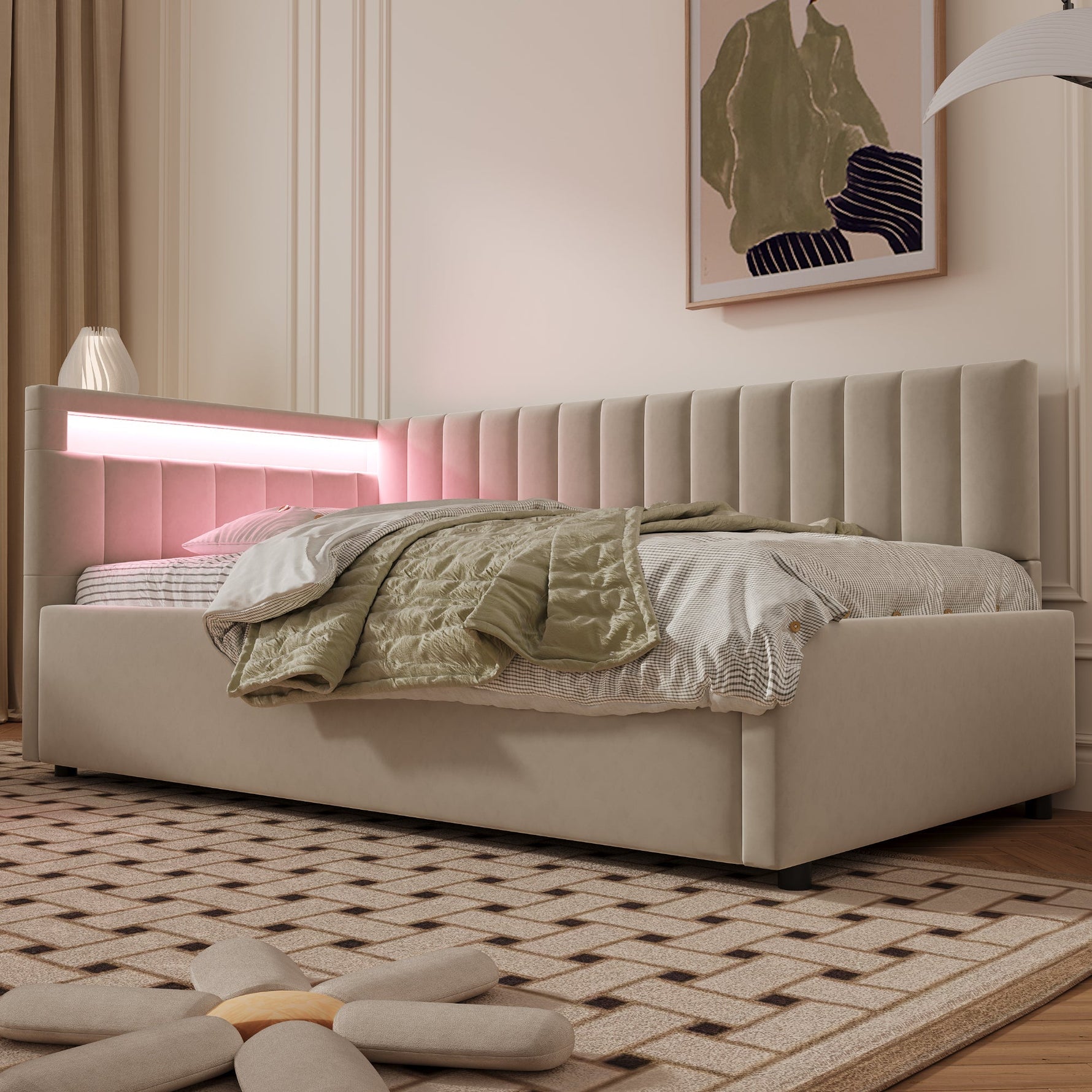 Upholstered Sofa Bed 90x200 with LED & Storage, Velvet, Beige