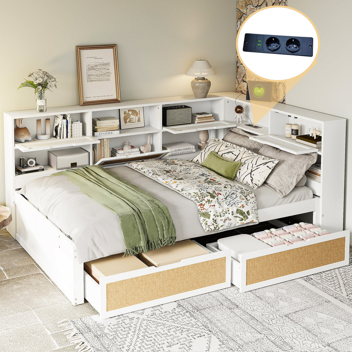 Solid Wood Sofa Bed 140x200 Multifunctional Single/Children's Storage Charging Port, White