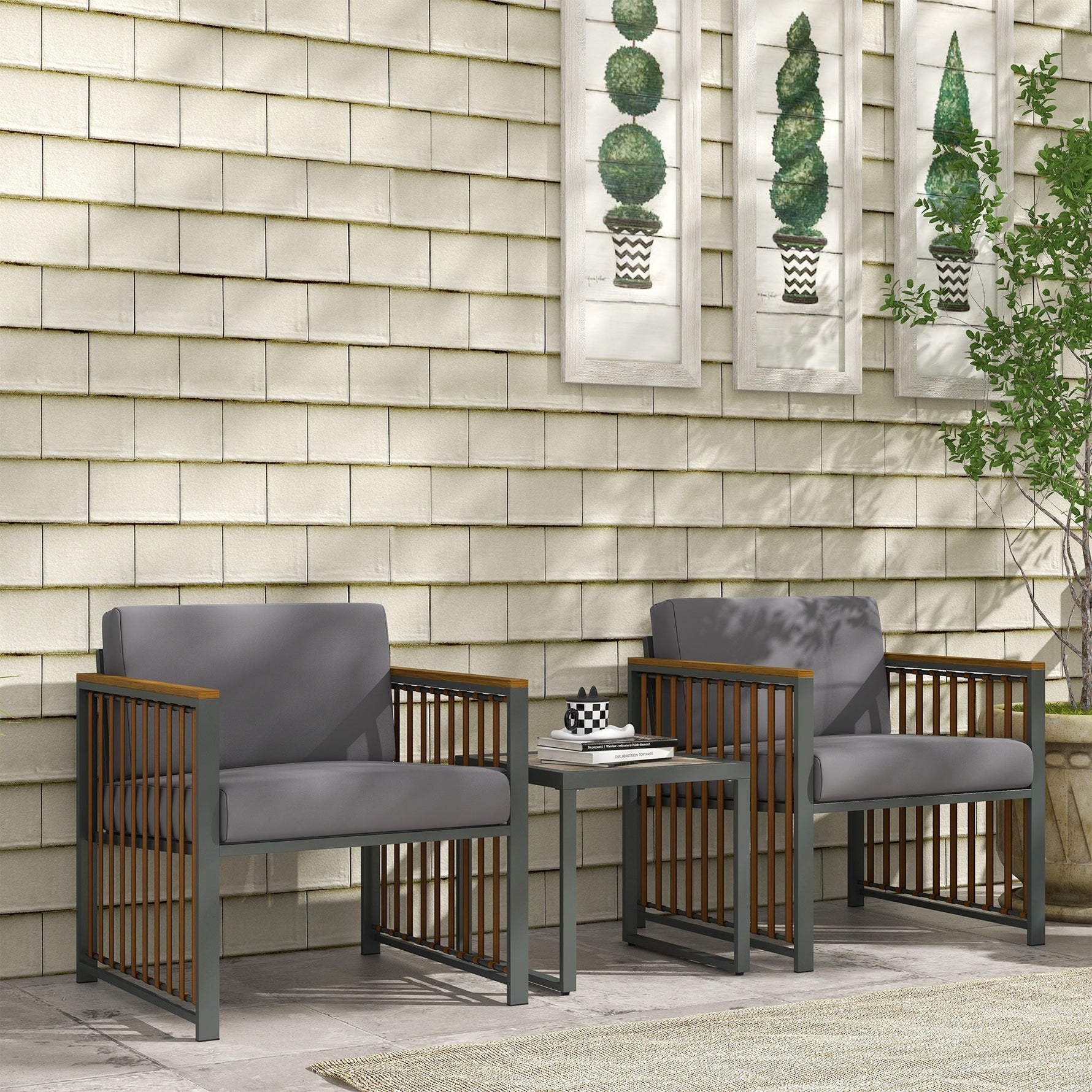 Garden Furniture Set, 3-Piece Bistro with Coffee Table & 2 Chairs, Grey