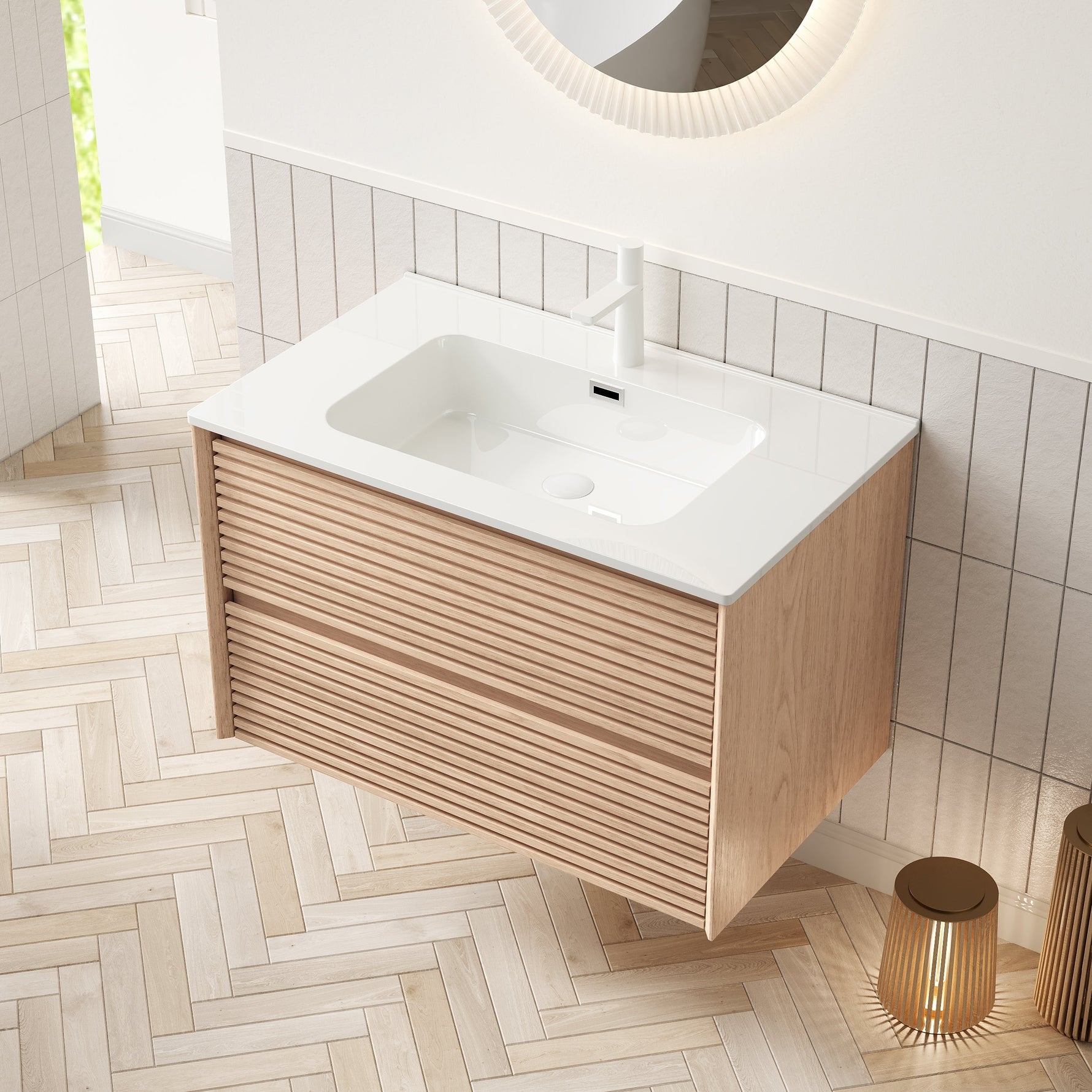 BRON Wall Mounted Vanity 81cm Ceramic Undermount Basin 2-Drawer Cinnamon Walnut Wood Grain