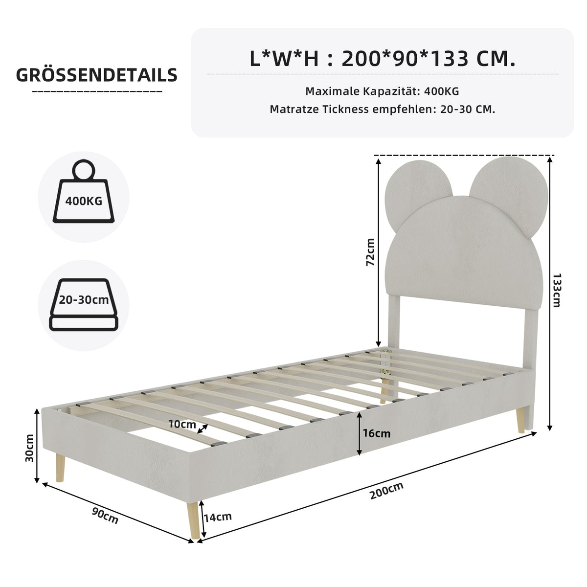 Upholstered Bed, Modern Minimalist Cartoon-Themed Headboard, 90x200 cm, Beige