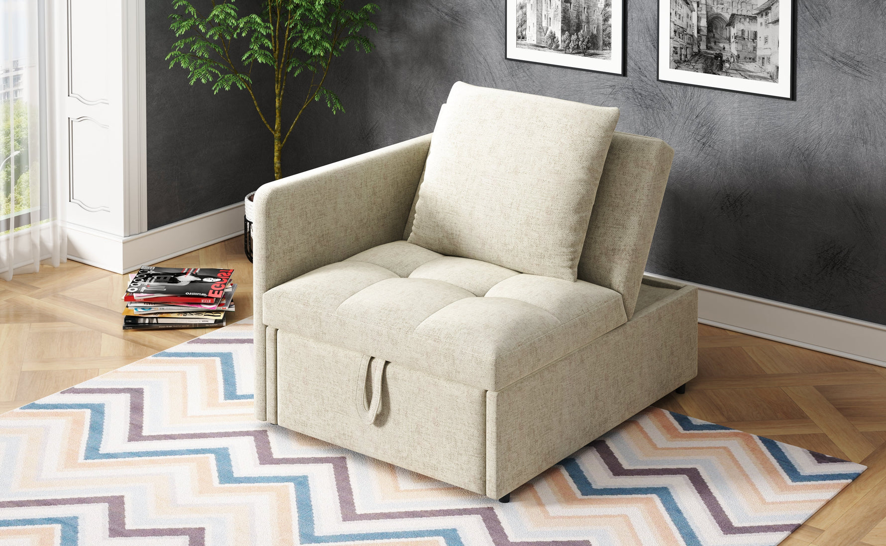 3-in-1 Multifunctional Sofa Bed, Space-Saving Sleeper with Linen Fabric, Grey/Beige