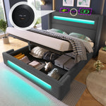 Upholstered Double Bed, 160x200 cm LED Storage with USB-C, Metal Frame, Gray Linen