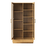 Glass Display Cabinet, Offset Shelves Push-To-Open Drawers, Wood Color