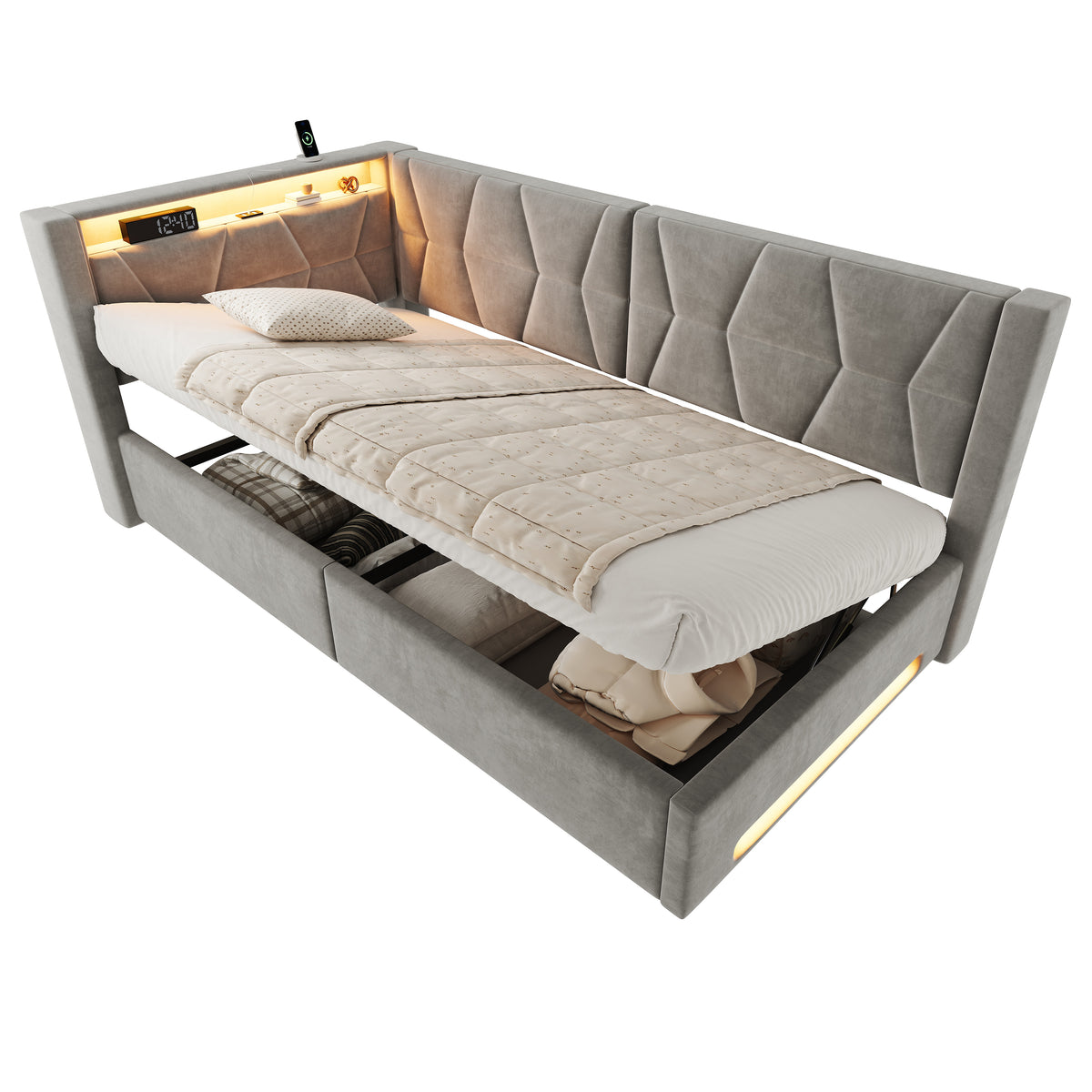 Upholstered Bed 90x200 cm with Storage & LED, Grey Velvet