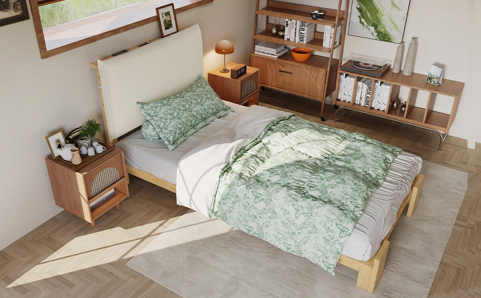 Upholstered Bed, Padded Headboard with Velcro and Sturdy Slatted Base, Pine and Plywood, Natural