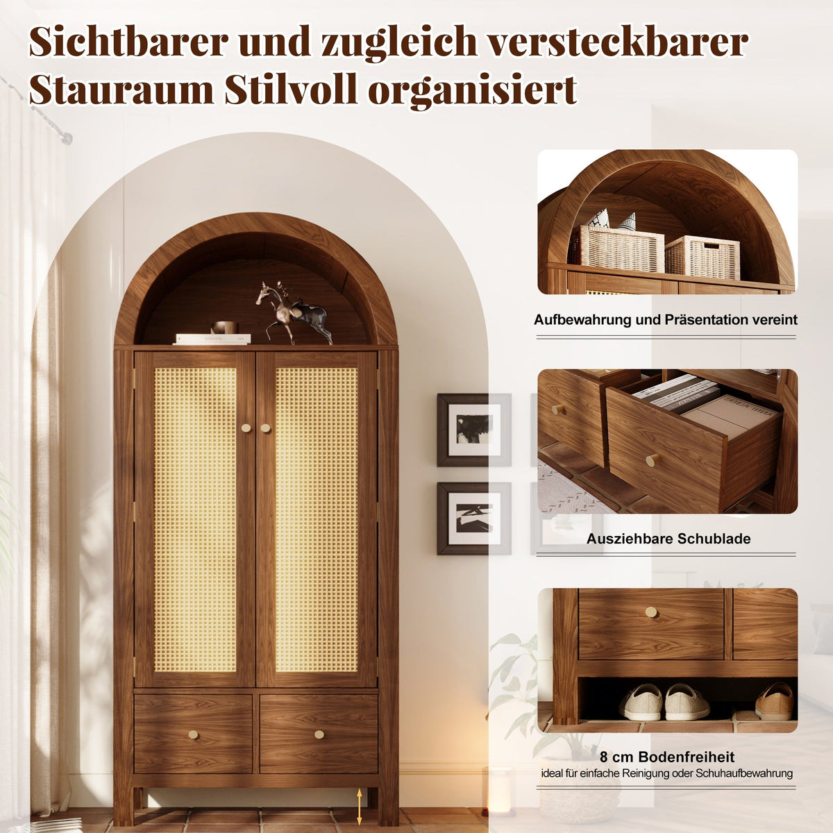 Wardrobe with Rattan Weave and 2 Drawers, Walnut Look