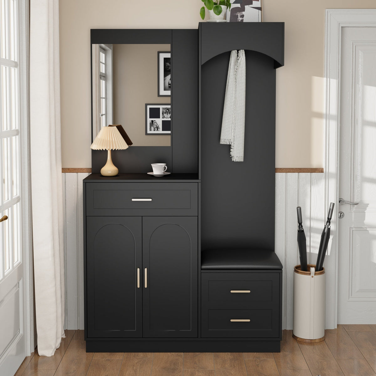 Compact Wardrobe and Shoe Cabinet Combination, Multifunctional Storage Shelf with Mirror, Modern