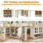360° Rotating Sideboard - Multifunctional Dining Bar, 5 Shelves & Glass - White