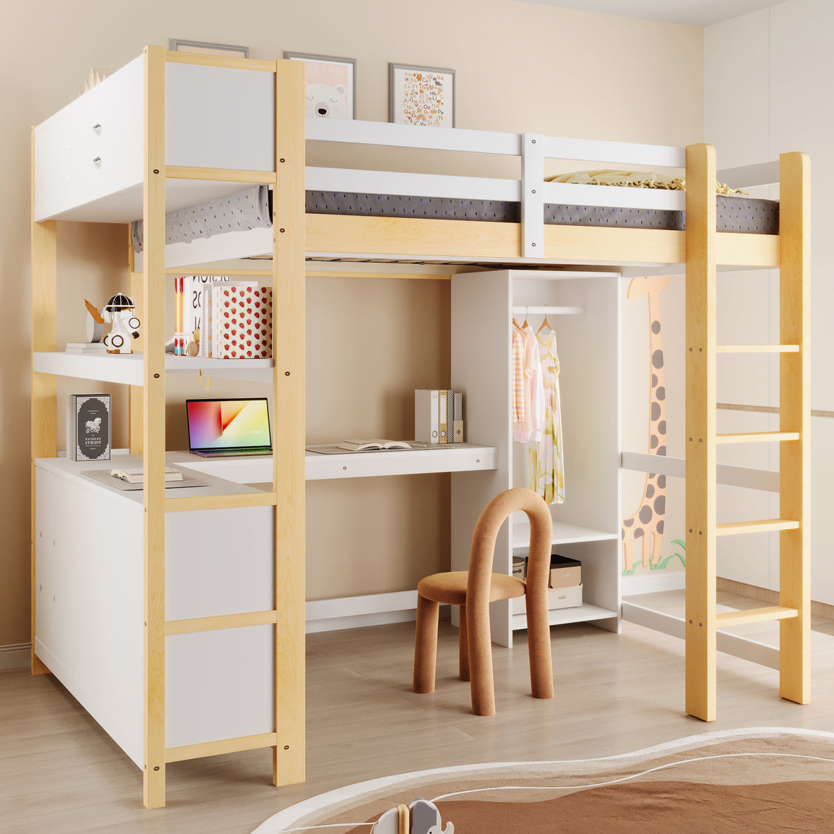 Loft Bed 140x200cm with Storage, Desk & Wardrobe, Natural