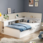 Children's Single Bed 90x200cm Multifunctional Storage Drawers Bookshelf - White