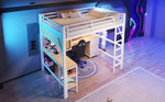 Loft Bed 140x200cm Gaming Desk Wardrobe Bookshelf USB LED Metal White