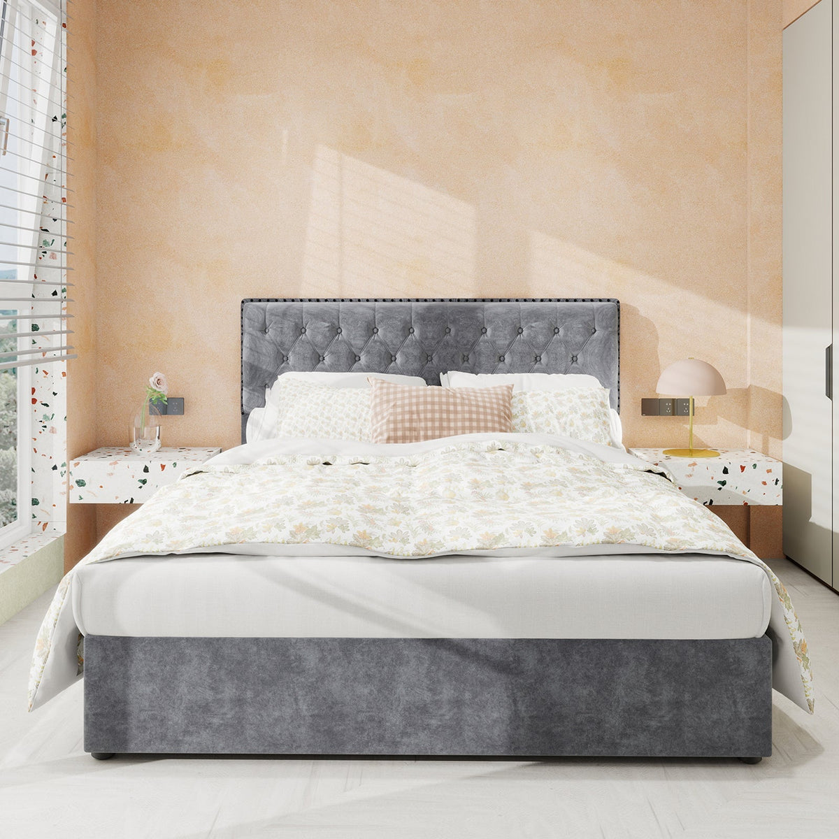 Modern Minimalist Soft Bed, Comfortable Headboard, High Box, 140x200CM, Gray