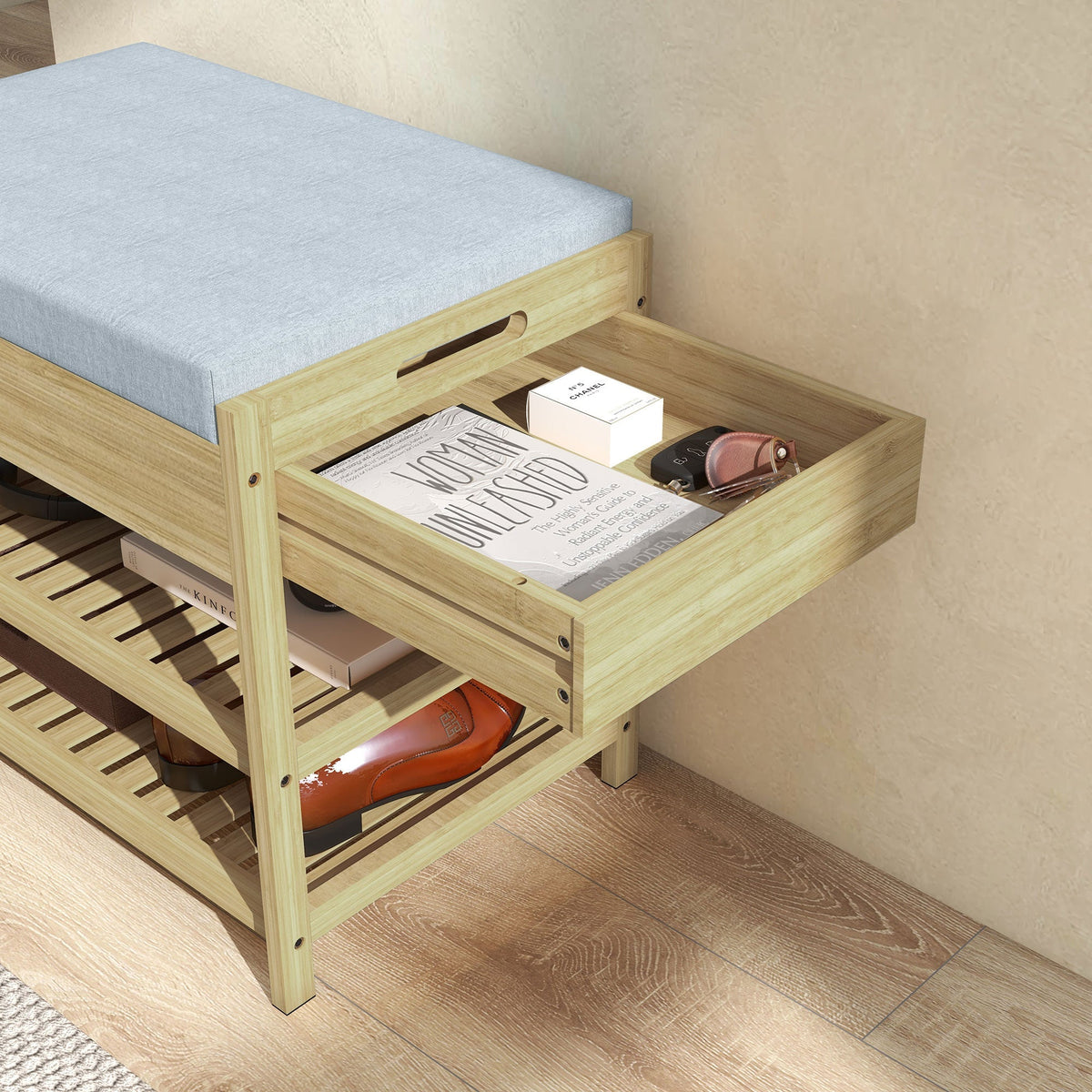 Shoe Bench, 2-Tier with Drawer, Bamboo Natural