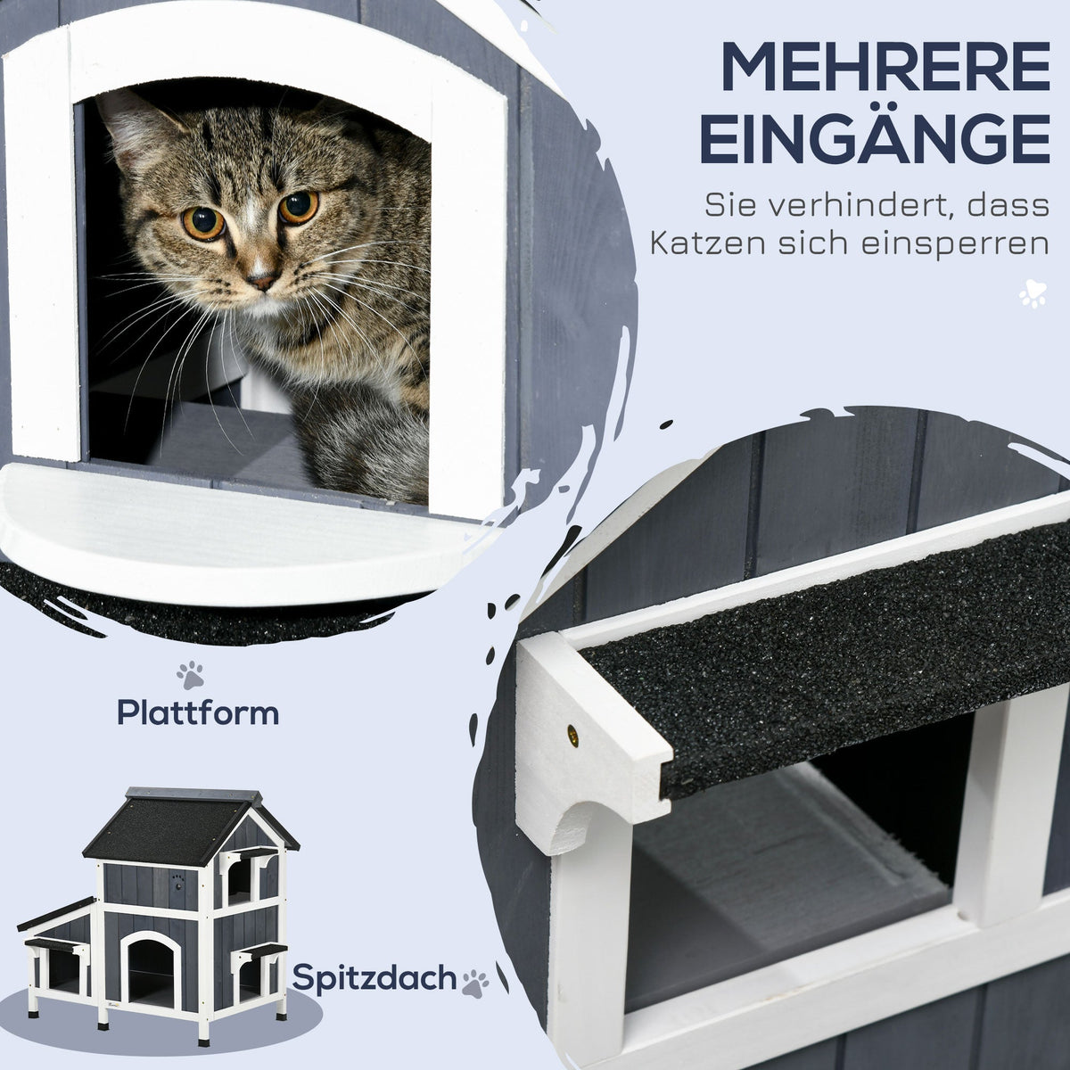 Fir Wood Cat House, 2-Level Multi-Entrance Cat Hut with Asphalt Roof