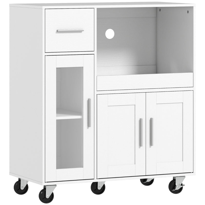 Mobile Kitchen Cabinet with Drawers, Shelves & Cable Hole - White