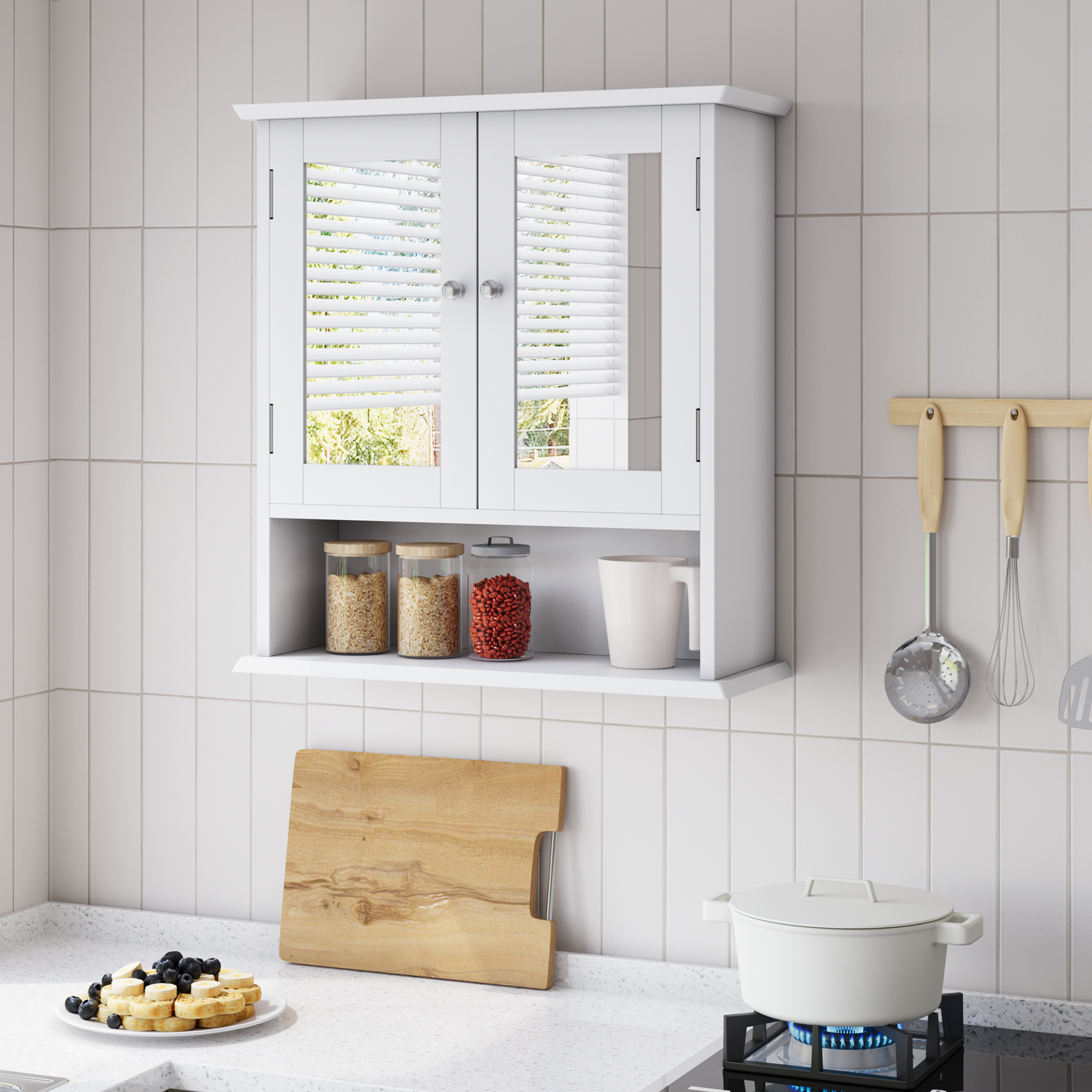 Bathroom Cabinet, Mirror & Adjustable Shelf, White