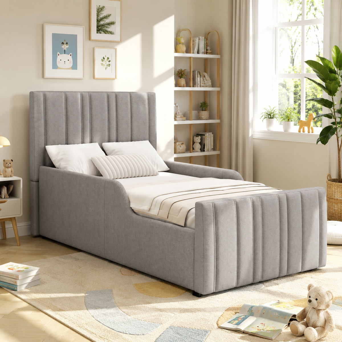 Upholstered Single Bed 90x200cm with Storage - Grey Linen