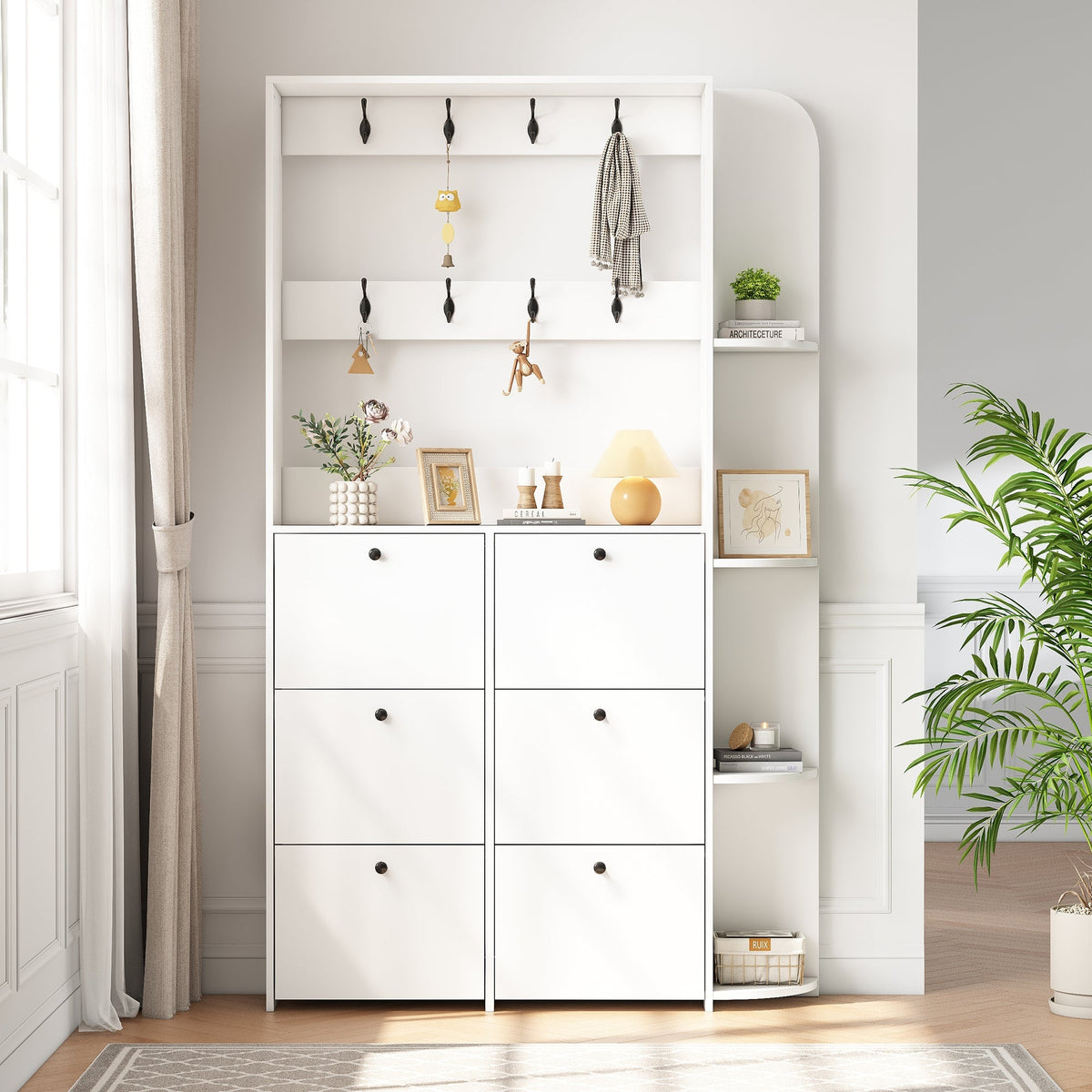Hallway Cabinet 3-in-1 Shoe Cabinet 8 Hooks 5 Shelves - White