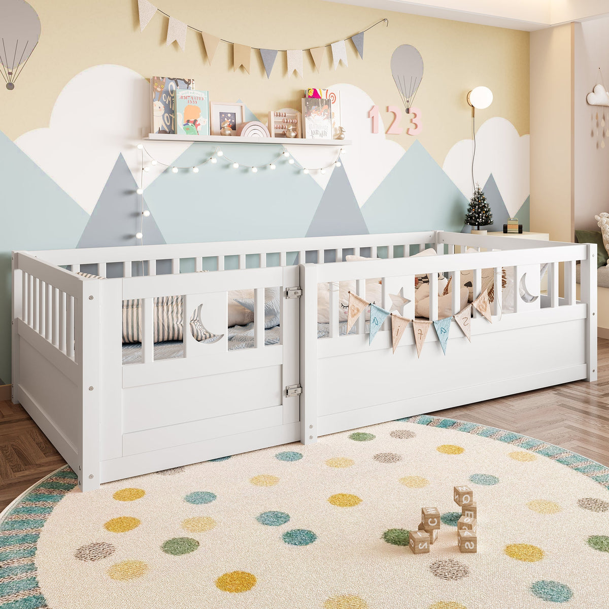 Panel Bed, Children's 90 x 190 cm with Railing Star & Moon Decoration, White