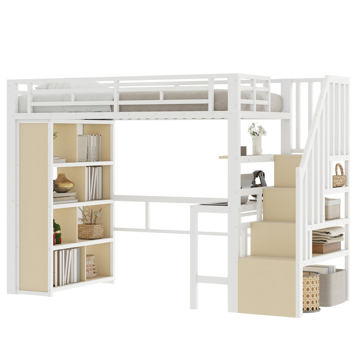 Loft Bed 90x200cm with Desk, Storage & LED Light - White Iron Frame