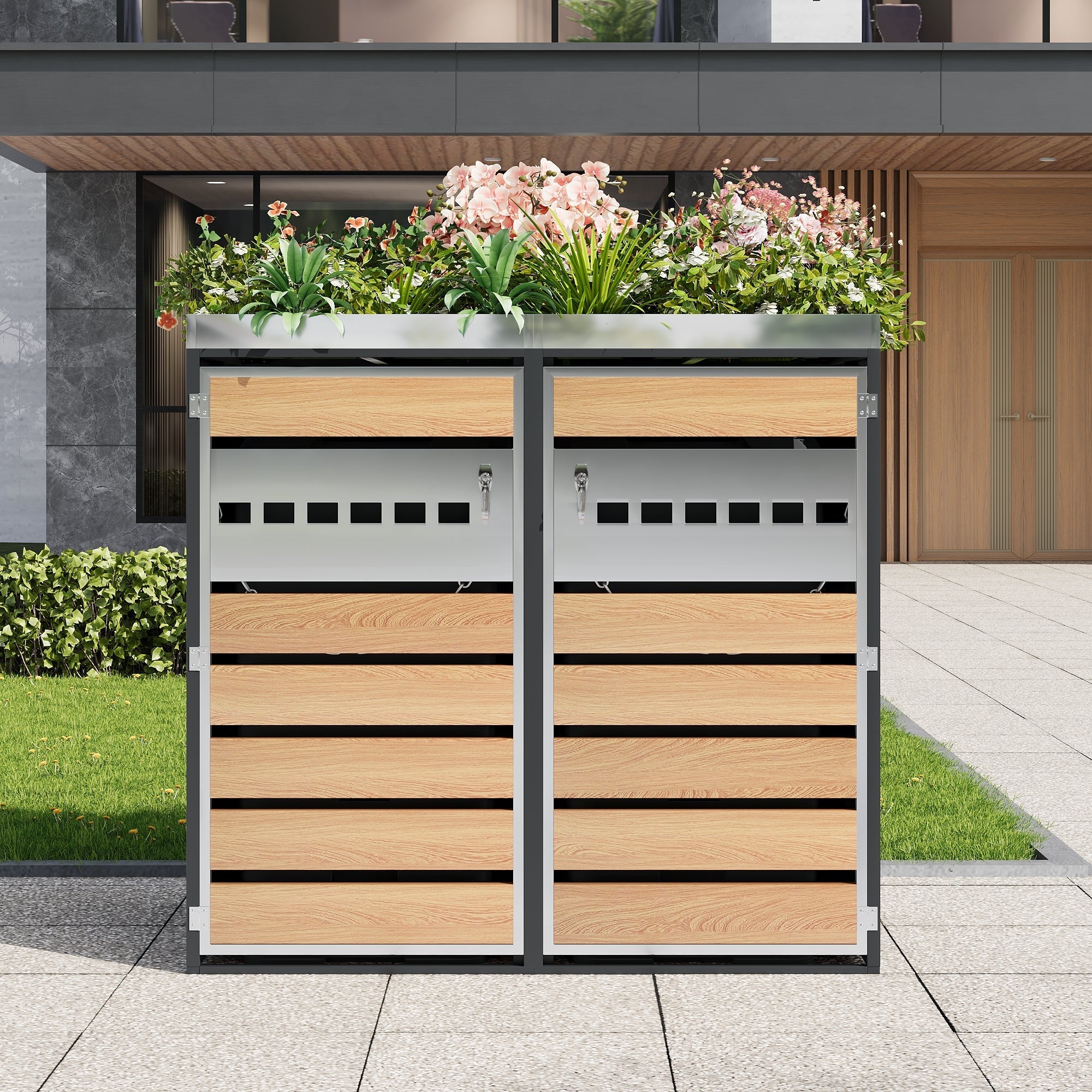 Trash Can Storage Box with Lockable Two Doors and Planting Area, Ventilation, Steel