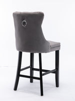 Contemporary Velvet Upholstered Barstools Set of 2 with Button Tufting & Wooden Legs, Gray