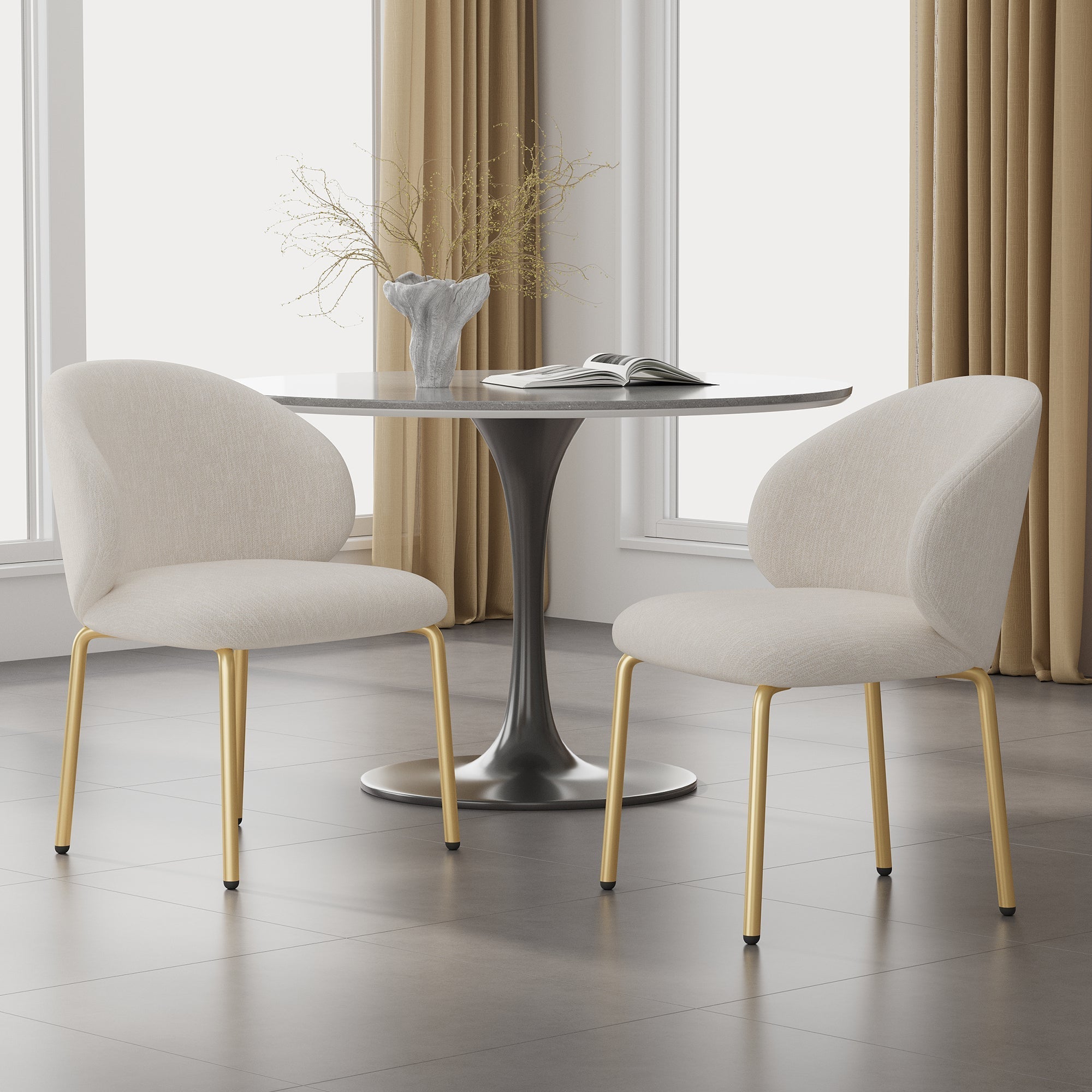 Dining Chairs Set of 2 with Gold Legs, Beige Chenille