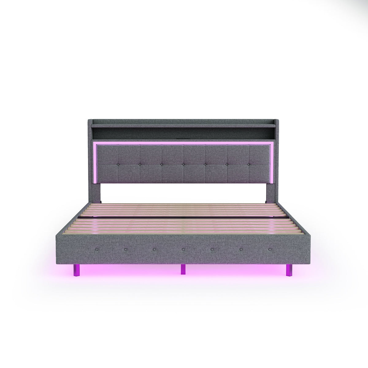 Upholstered Bed, 160x200 USB & LED, Linen Fabric Gray