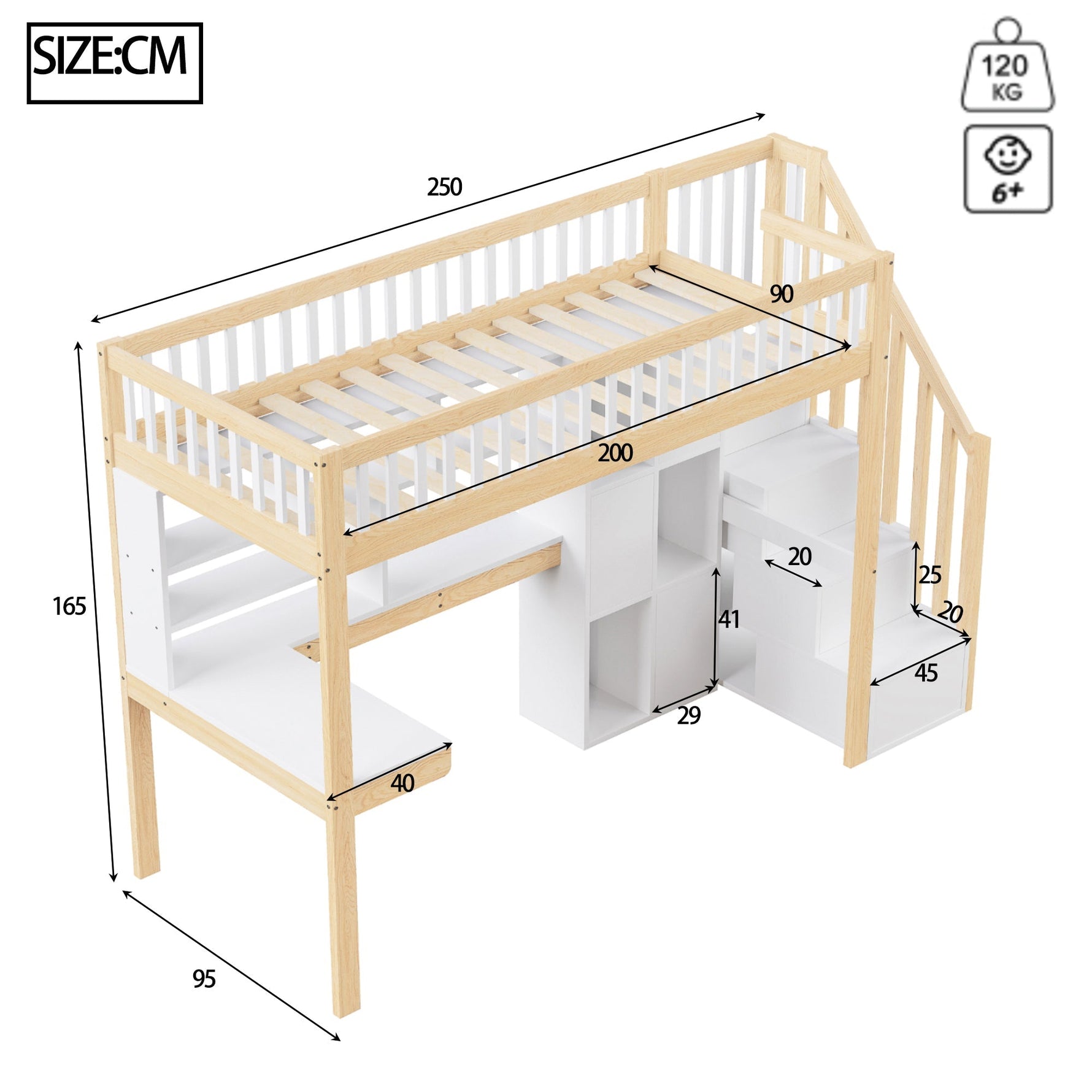 Loft Bed with LED Lights, Desk, Shelves and Storage Ladder, 90x200cm, White and Natural Wood