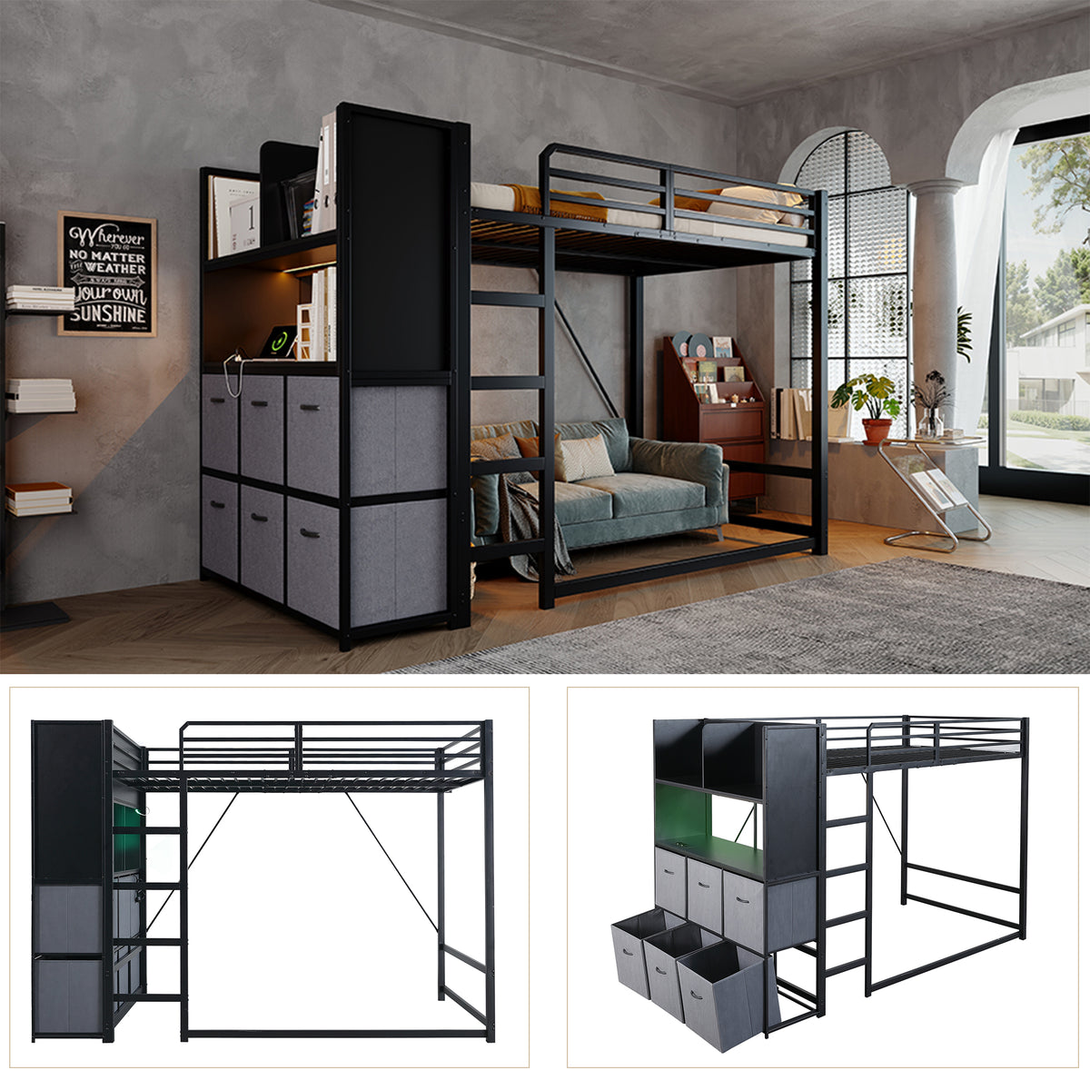 Loft Bed 120x200 cm with Storage & Charging, Black Metal